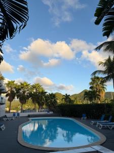 a swimming pool with palm trees and a cloudy sky at Residence Anse des sables in Marigot