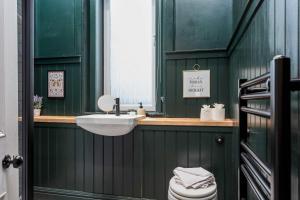 a green bathroom with a sink and a toilet at The Fairlie Suite No1 in Prestwick