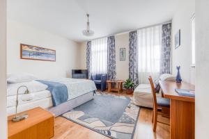 a small bedroom with a bed and a desk and a desk at Villa Walir - Spa Hotel Garni SUPERIOR in Mariánské Lázně