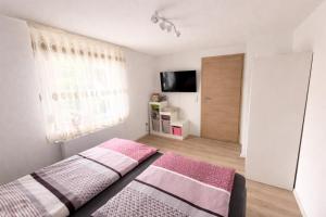 a bedroom with two beds and a flat screen tv at FERIENHAUS AyNa, direkt an der Schweizer Grenze in Bad Säckingen