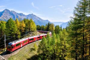a red train traveling down the tracks in the mountains at 1 bed flat in central Zug in Zug