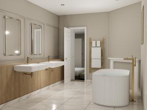 a bathroom with two sinks and two mirrors at Parade Hotel Bath in Bath +26 photos