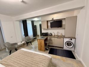 a room with a bed and a kitchen with a washing machine at visitor's house 5 in Rădăuţi