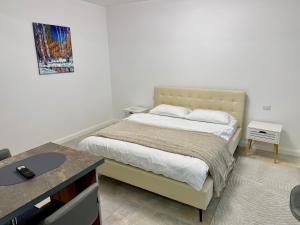 a small bedroom with a bed and a desk at visitor's house 5 in Rădăuţi
