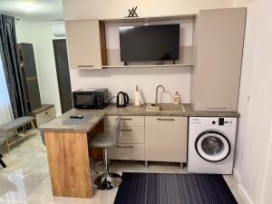 a kitchen with a sink and a washing machine at visitor's house 5 in Rădăuţi +5 photos