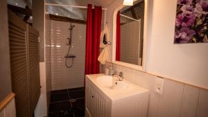 a bathroom with a sink and a red shower curtain at B&B Hoeve Westdijk in Oostkamp