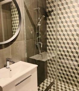 a bathroom with a shower and a sink and a mirror at Tarnowskiego City Apartaments in Kutno