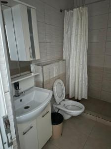 a white bathroom with a sink and a toilet at Salihu in Ferizaj