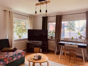 a living room with a television and a piano at Voll ausgestattete, helle Ferienwohnung auf 80 qm in Wutöschingen