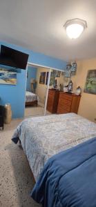 a bedroom with a bed and a blue wall at Exotic Paradise Guest House in Yabucoa +30 photos