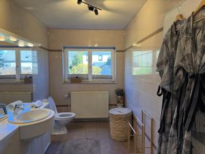 a bathroom with a sink toilet and a window at Rainbow Bungalow in Butgenbach +60 photos
