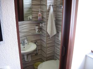 a small bathroom with a sink and a toilet at Apartment Yasica 2 in Izačić +25 photos