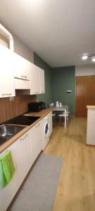 a kitchen with white cabinets and a washing machine at Bosco Verde in Tarvisio