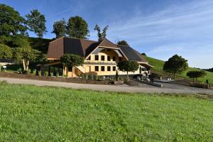 a large house with a roof on a road at BLUE-art Ferienwohnung in Wyssachen