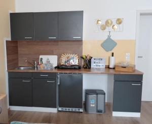 eine Küche mit schwarzen Schränken und einer Arbeitsplatte in der Unterkunft Doppelappartement CityImmo in Gotha