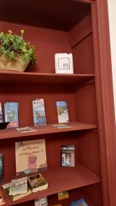 a book shelf with books and a box on it at Albergo Malibu in Sanremo +16 photos