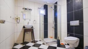 a bathroom with a toilet and a shower and a sink at Bozcaada Aspava Otel in Bozcaada +58 photos