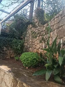 a stone wall with plants and a fence at River & Garden Apartment in Trebinje