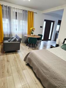 ein Schlafzimmer mit einem Bett, einem Tisch und einer Couch in der Unterkunft Concept Urban in Mediaş