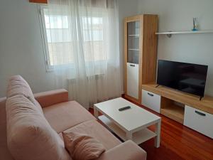 a living room with a couch and a tv at dpCristal Sarria Centro in Sarria