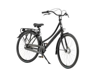 a black bike parked on a kick stand at Wikkelboats at Wijnhaven in Rotterdam