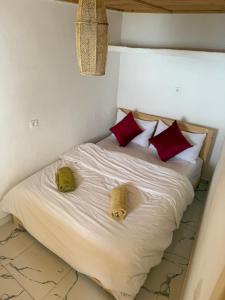 a bed with red and green pillows on it at Adar surf house in Taghazout