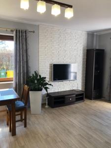 a living room with a flat screen tv on a brick wall at AsPa in Ostrowo