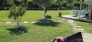 a park with a tree and a bench in the grass at Cabana Papoila in Colares +19 photos