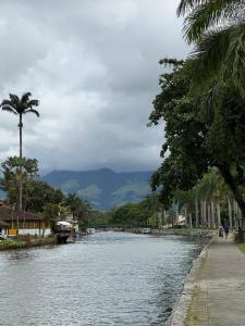 a river with a palm tree and mountains in the distance at Chalé da Praia Paraty in Paraty