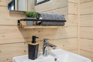 a bathroom with a sink in a tiny house at NORA Tiny House Bergheider See in Buschmühle +9 photos