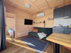 a living room with a green couch and a kitchen at NORA Tiny House Bergheider See in Buschmühle