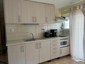 a kitchen with a sink and a microwave at Sofies Studio in Nea Peramos