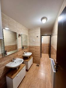 a large bathroom with two sinks and a shower at Prenoćište Šoderica in Legrad