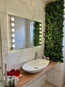 a bathroom with a white sink and a mirror at Garden Paradise Bled Apartments - garden, pond and castle view in Bled +43 photos
