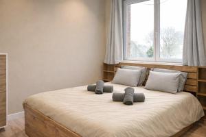 a bedroom with a large bed with gray pillows at Le 5 Place Carnot in Douai