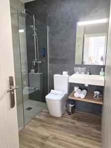 a bathroom with a shower and a toilet and a sink at HOSTAL CASA EMILIO in Almería +74 photos