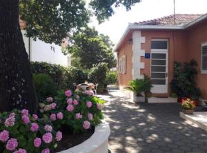 a garden with pink flowers and a house at Apartmani Borić in Orebić