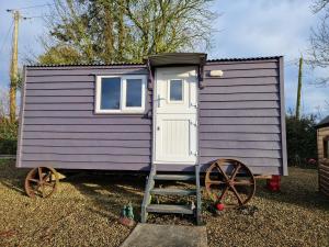 a purple tiny house with two wheels and a ladder at Bramblewick House Glamping in Longford