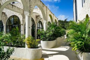 a group of potted plants in front of a building at Jungle View Nest Selva Rooftop in Tulum