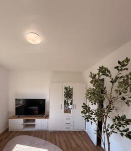 a living room with a television and a white cabinet at Artland Quartier Quakenbrück in Quakenbrück