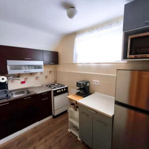 a small kitchen with a stove and a refrigerator at Liget Fruit Garden Family Apartman in Zalakaros
