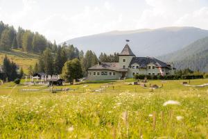 a large house in a field with a grassy field at Villa Pana in Santa Cristina Gherdëina