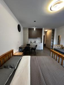 a bedroom with a bed and a kitchen with a table at DEYA Apartment Becici in Boreti