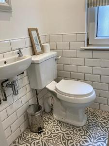 a bathroom with a white toilet and a sink at Mill Villa Pakefield in Pakefield