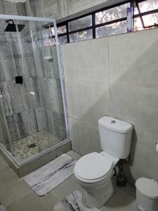a bathroom with a toilet and a shower at Dream Big Bougainvillea 2 bedroom cottage in Centurion +9 photos