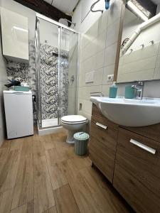 a bathroom with a sink and a toilet and a shower at Casa Zita Cozy • AC near Lake Como by Gottschalk in Olgiasca