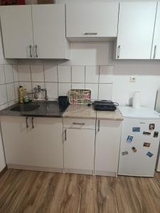 a kitchen with white cabinets and a sink at Veseli svet-Zvizdar,Ub in Ub +11 photos