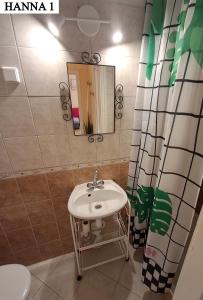 a bathroom with a sink and a mirror at Hanna Apartman 1-2 in Kőszeg
