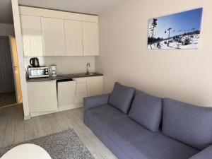 a living room with a couch and a kitchen at Apartament Rajka in Biała Woda