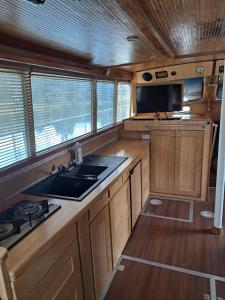 a kitchen with wooden cabinets and a sink and a tv at Bleu soleil in Dieupentale +6 photos